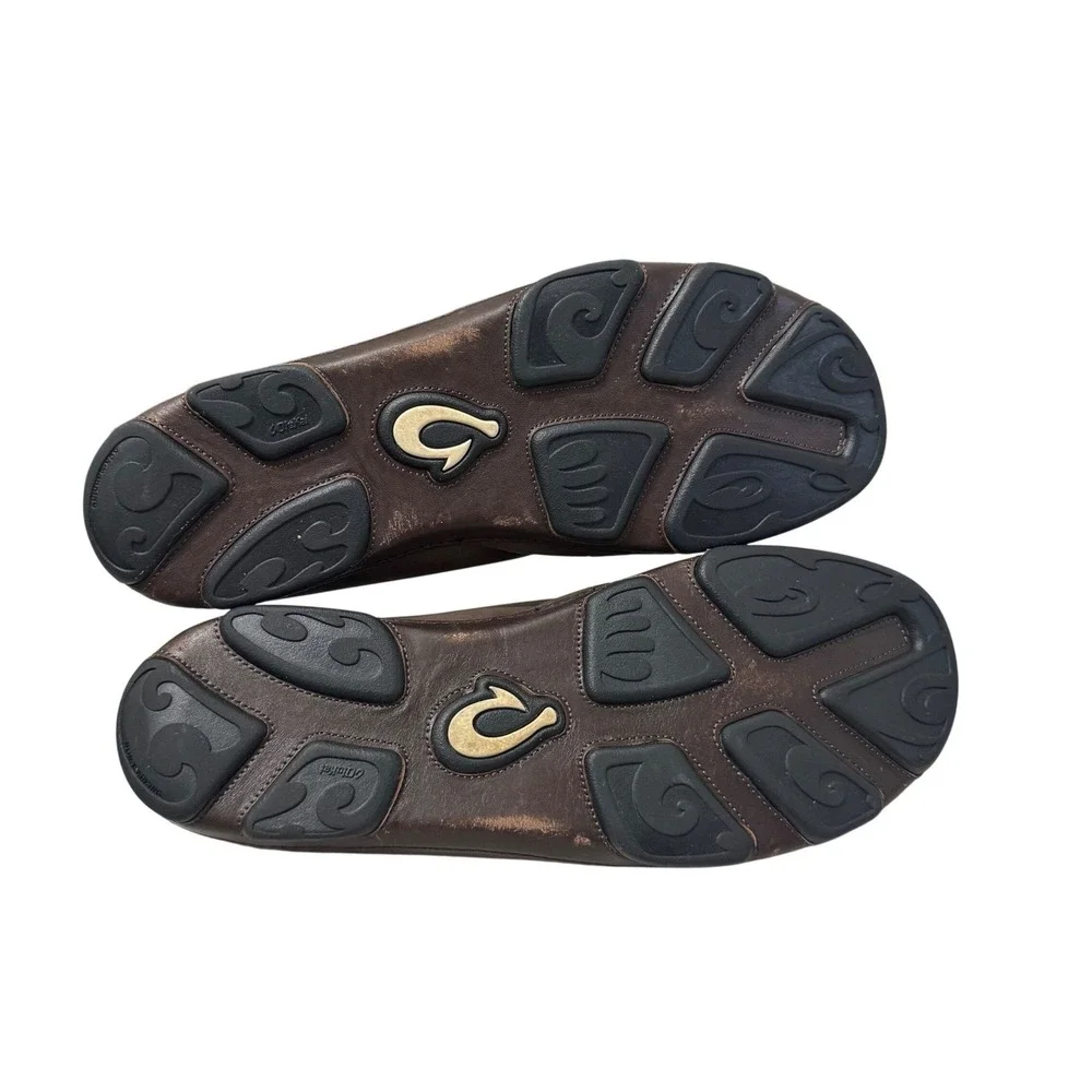OluKai Moloa Slip On Loafers Mens 14 Dark Wood Brown Good Leather Drop In Heel